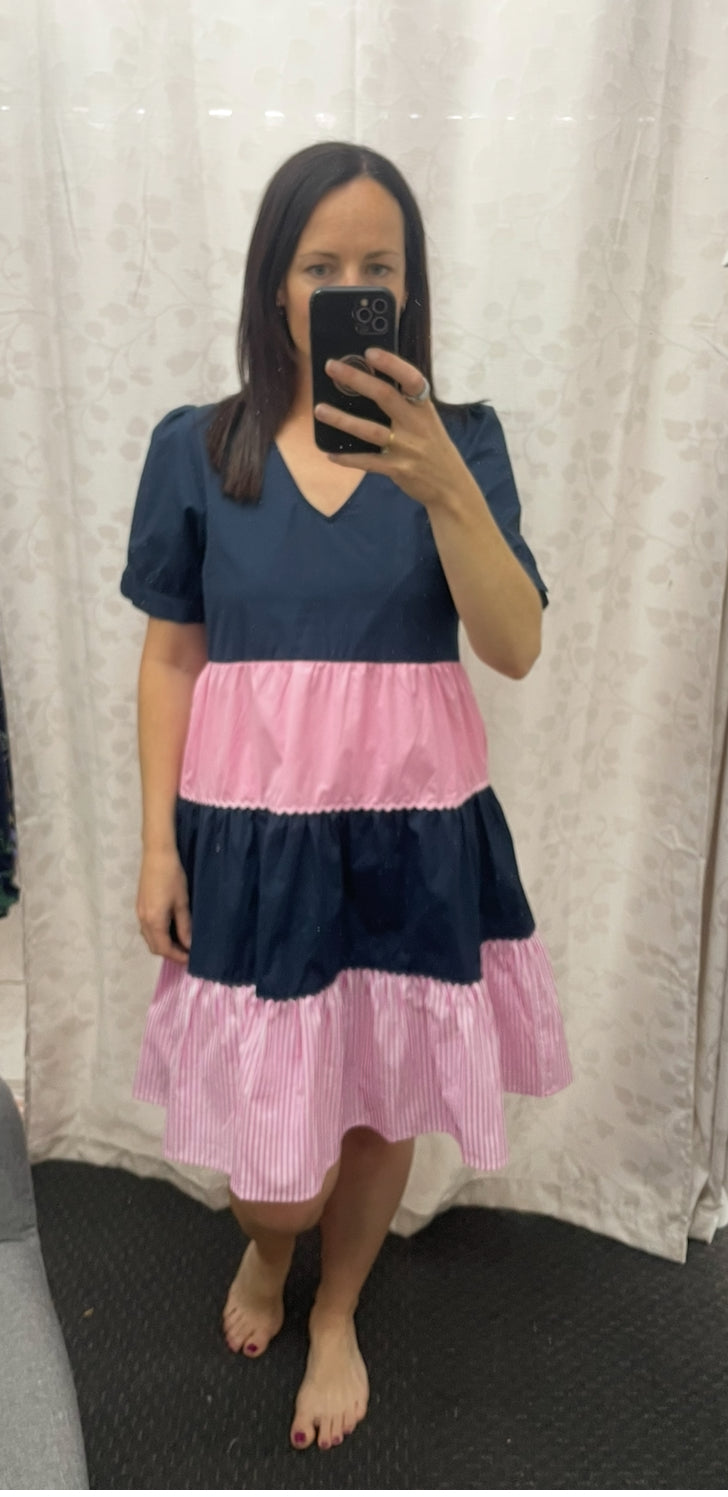 Colour block tiered dress- pink & navy