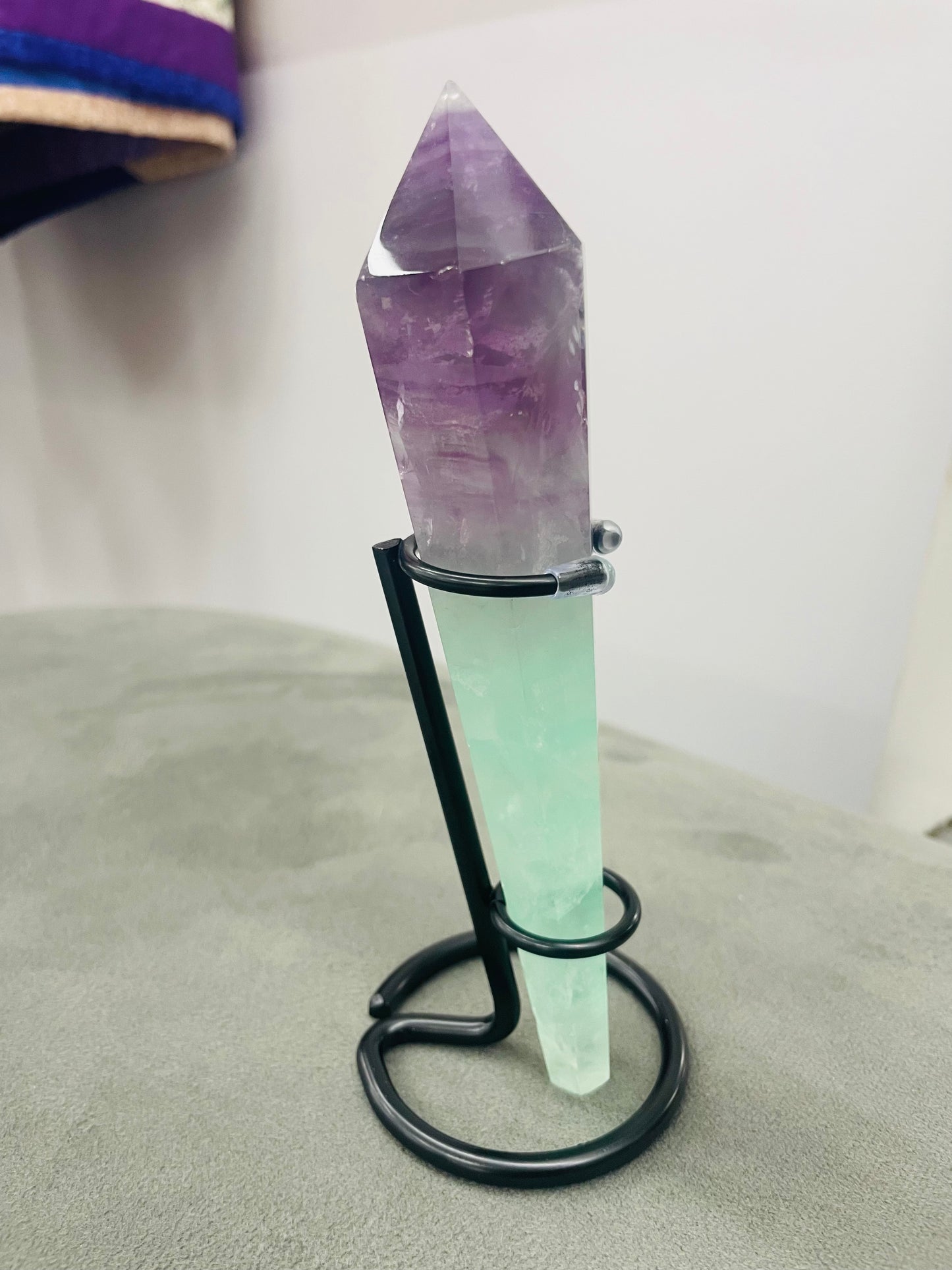 Watermelon fluorite sceptre with stand