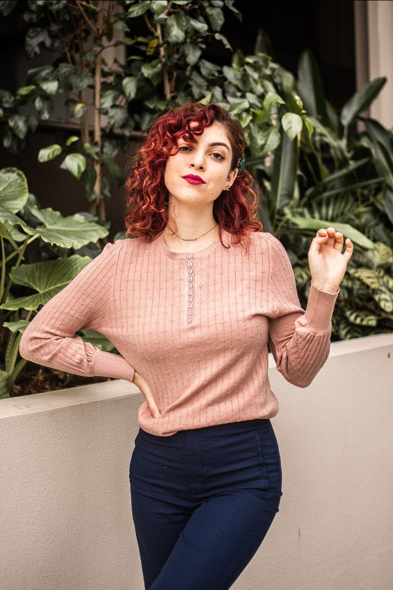 Adele button open light jumper- mocha & pink