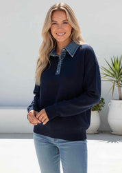 Navy jumper with denim collar