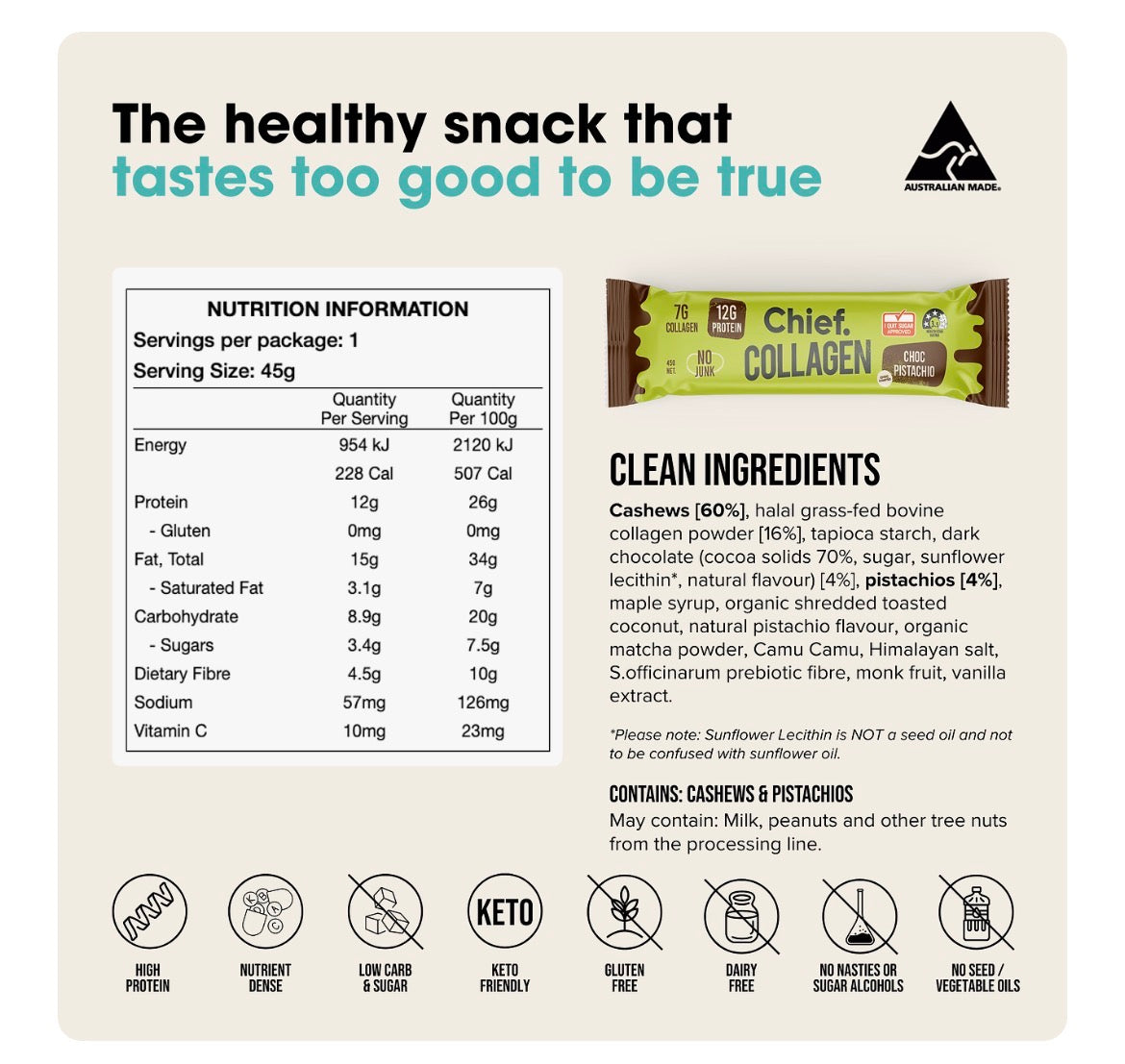Chief Nutrition | Collagen Protein Bars - Choc Pistachio