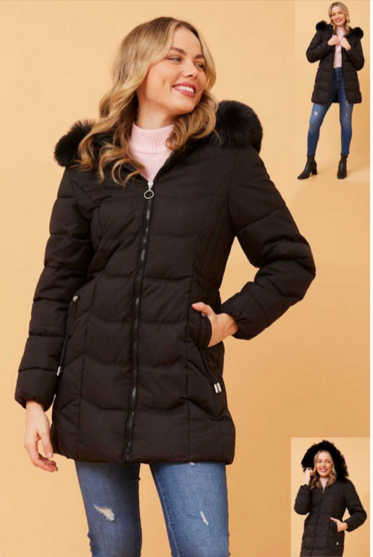 Solid puffer coat with fur trim