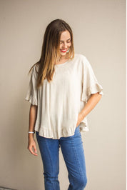 Linen frill hem top- cornflour