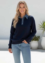 Navy jumper with denim collar