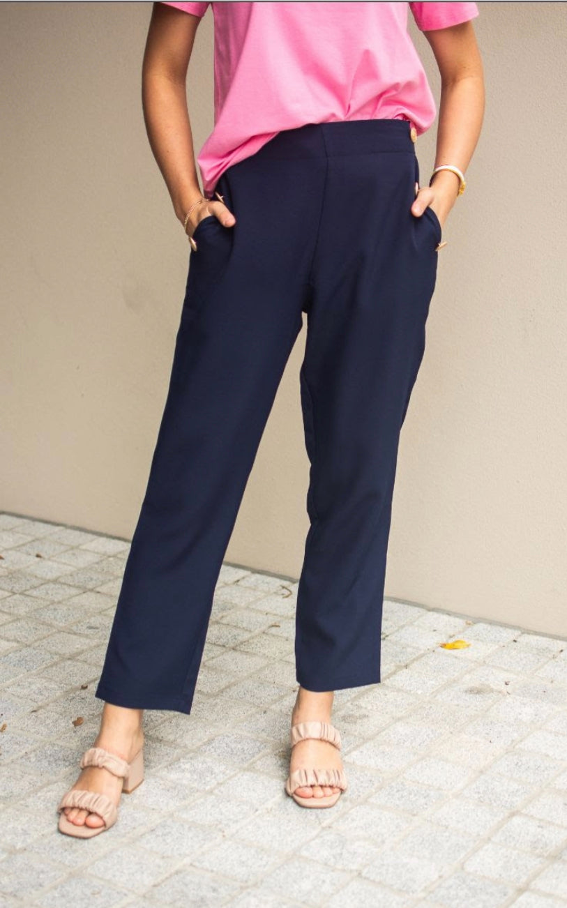Gold button detail cigarette pants- Navy