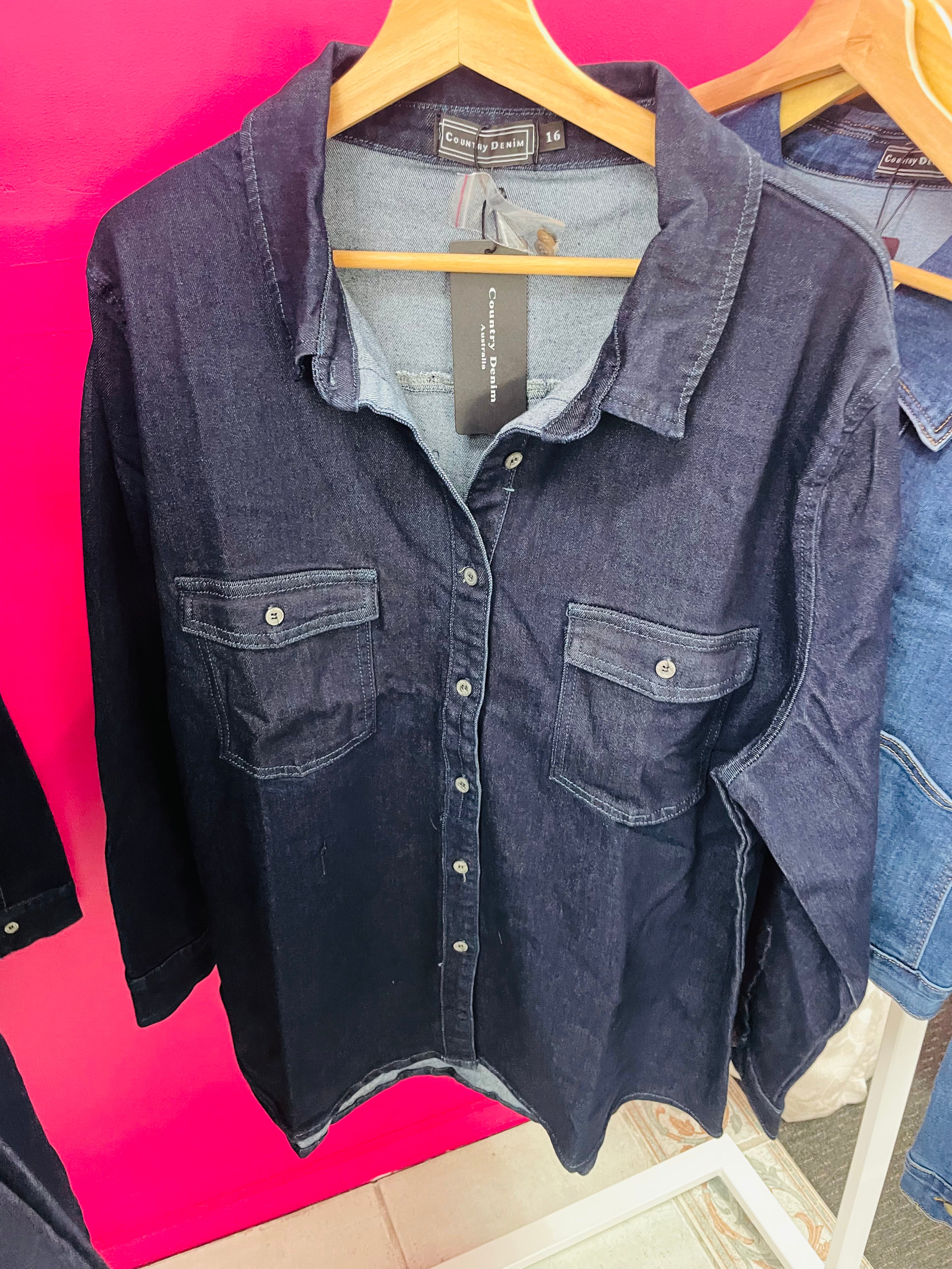 Country Denim | Dark denim curve hem boyfriend shirt- indigo