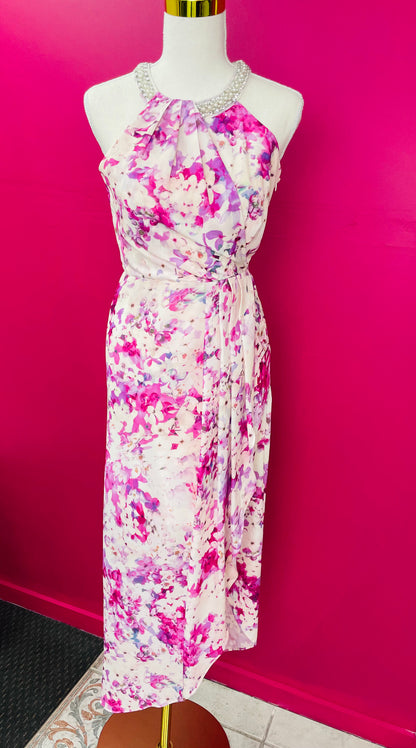 Pink floral dress with pearl neck 8