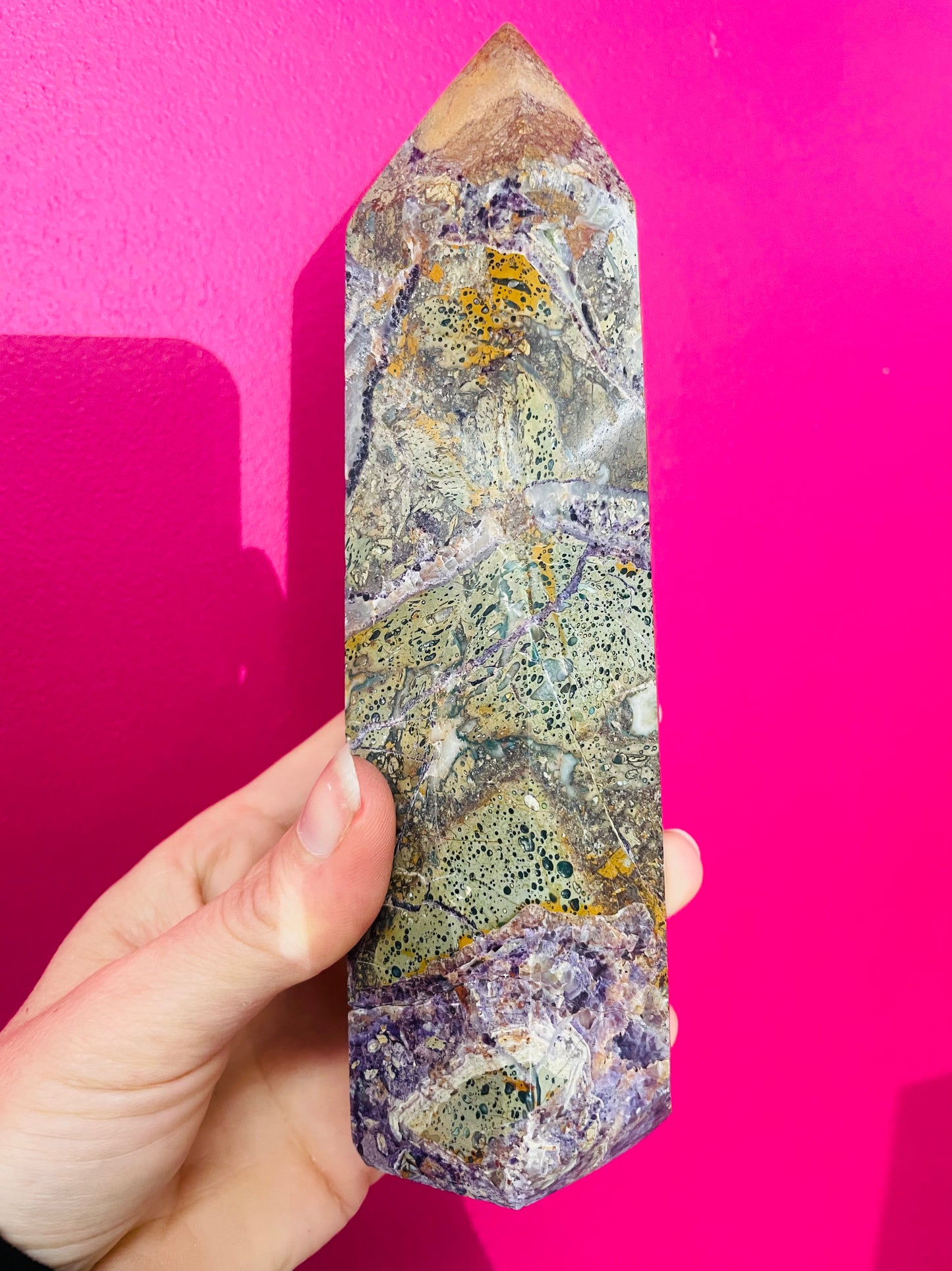 Purple fluorite root & jasper tower