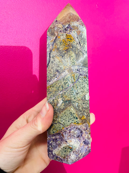 Purple fluorite root & jasper tower