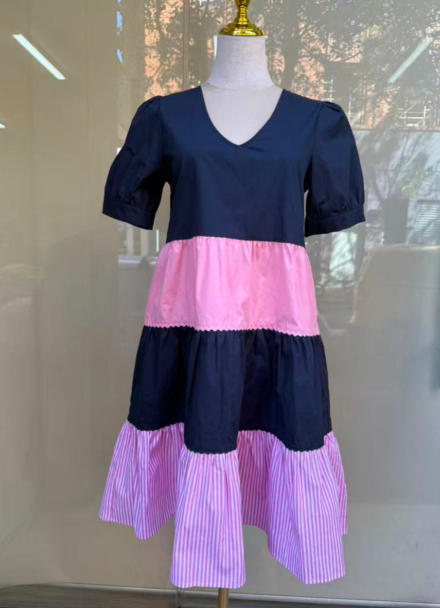 Colour block tiered dress- pink & navy