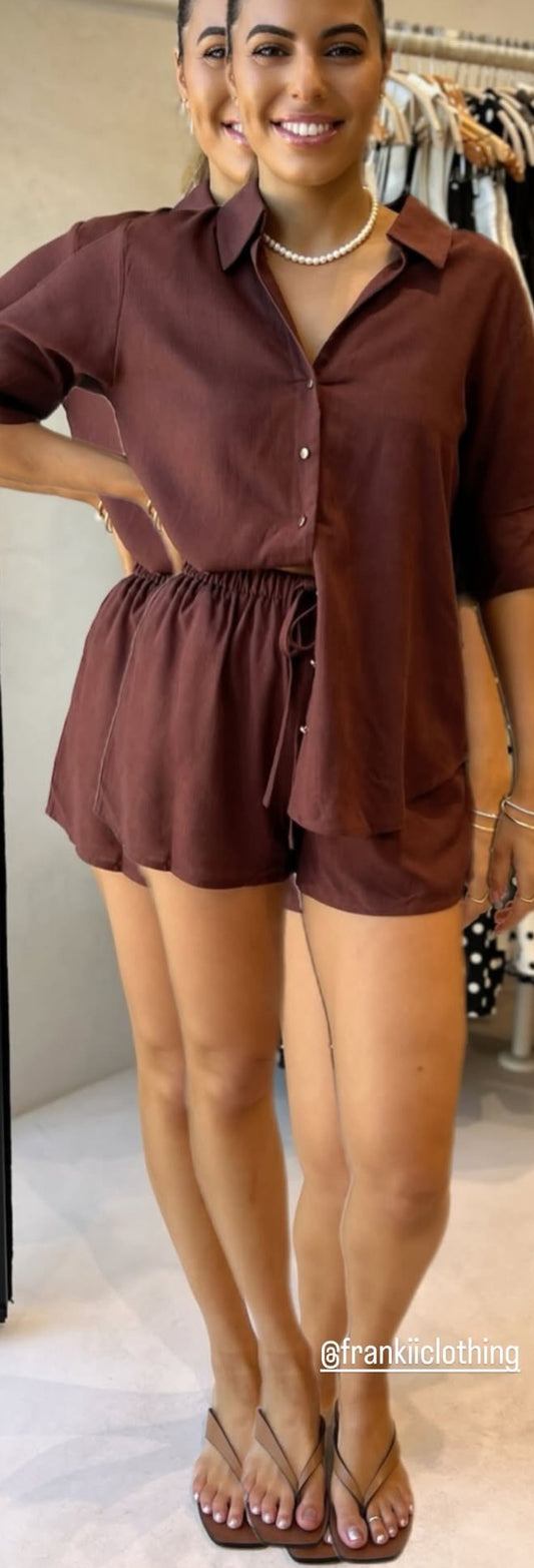 Chocolate gold button shirt/short set