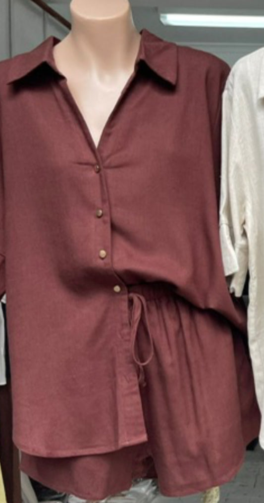 Chocolate gold button shirt/short set