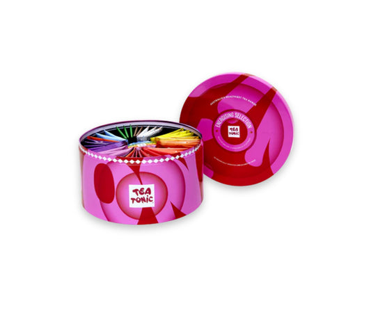 Tea Tonic | Energising Selection Round Tin - 40 Energising Gourmet Tea + Mini Tin Of Red Sugar Hearts