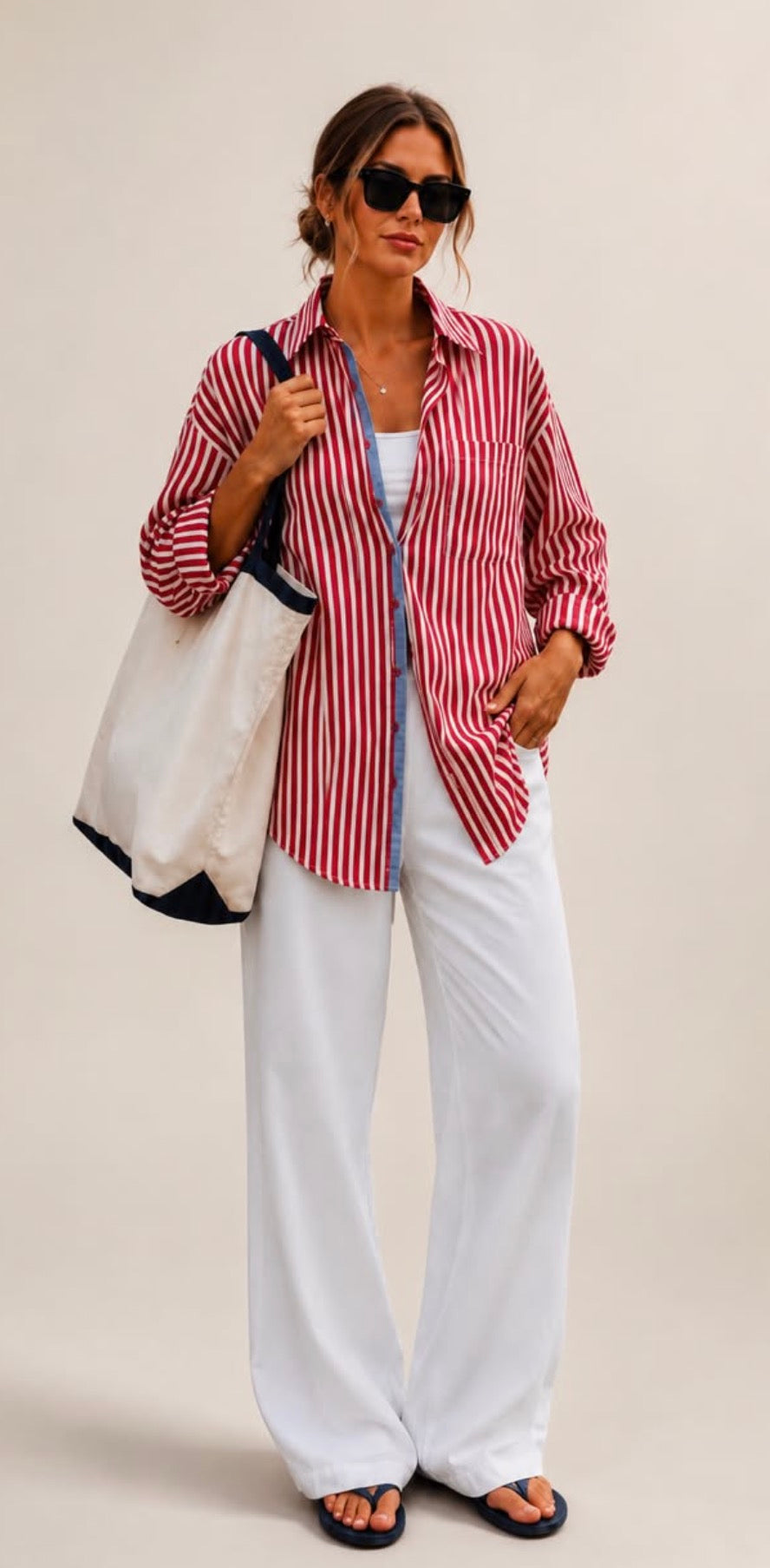 Cotton stripe contrast shirt- mocha & red