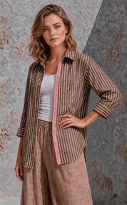 Cotton stripe contrast shirt- mocha & red