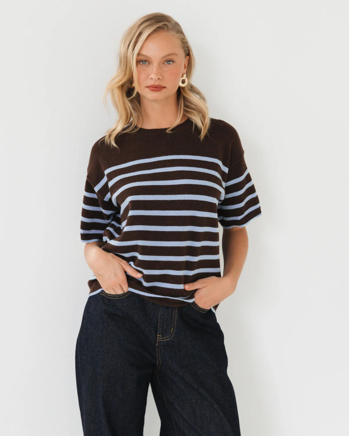 SADIE STRIPE KNIT TEE- chocolate blue stripe