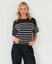 SADIE STRIPE KNIT TEE- chocolate blue stripe