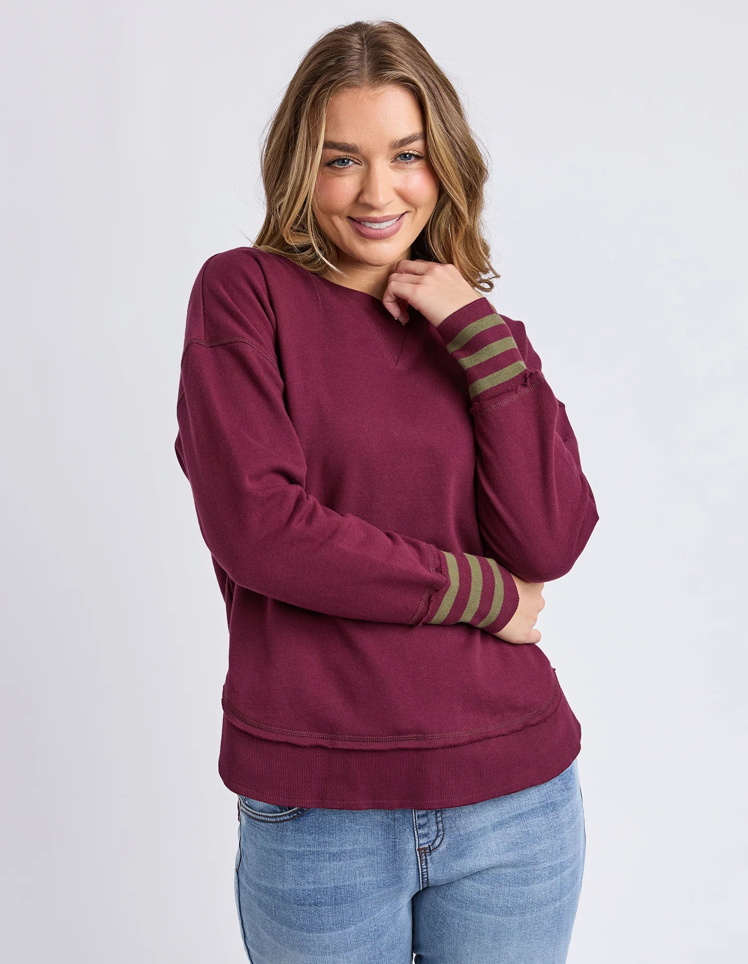 Foxwood| Alex Stripe Cuff Crew Windsor Wine