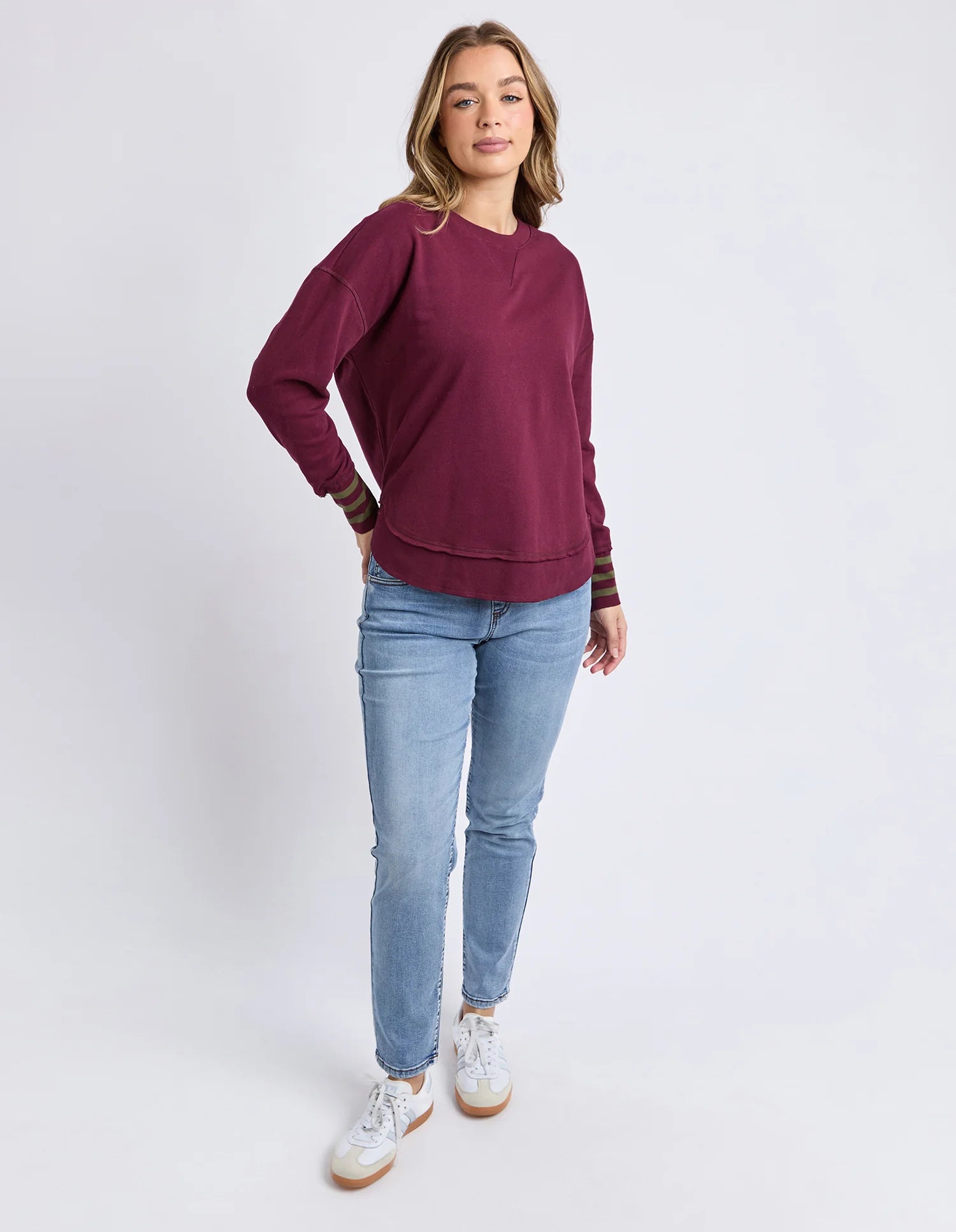 Foxwood| Alex Stripe Cuff Crew Windsor Wine