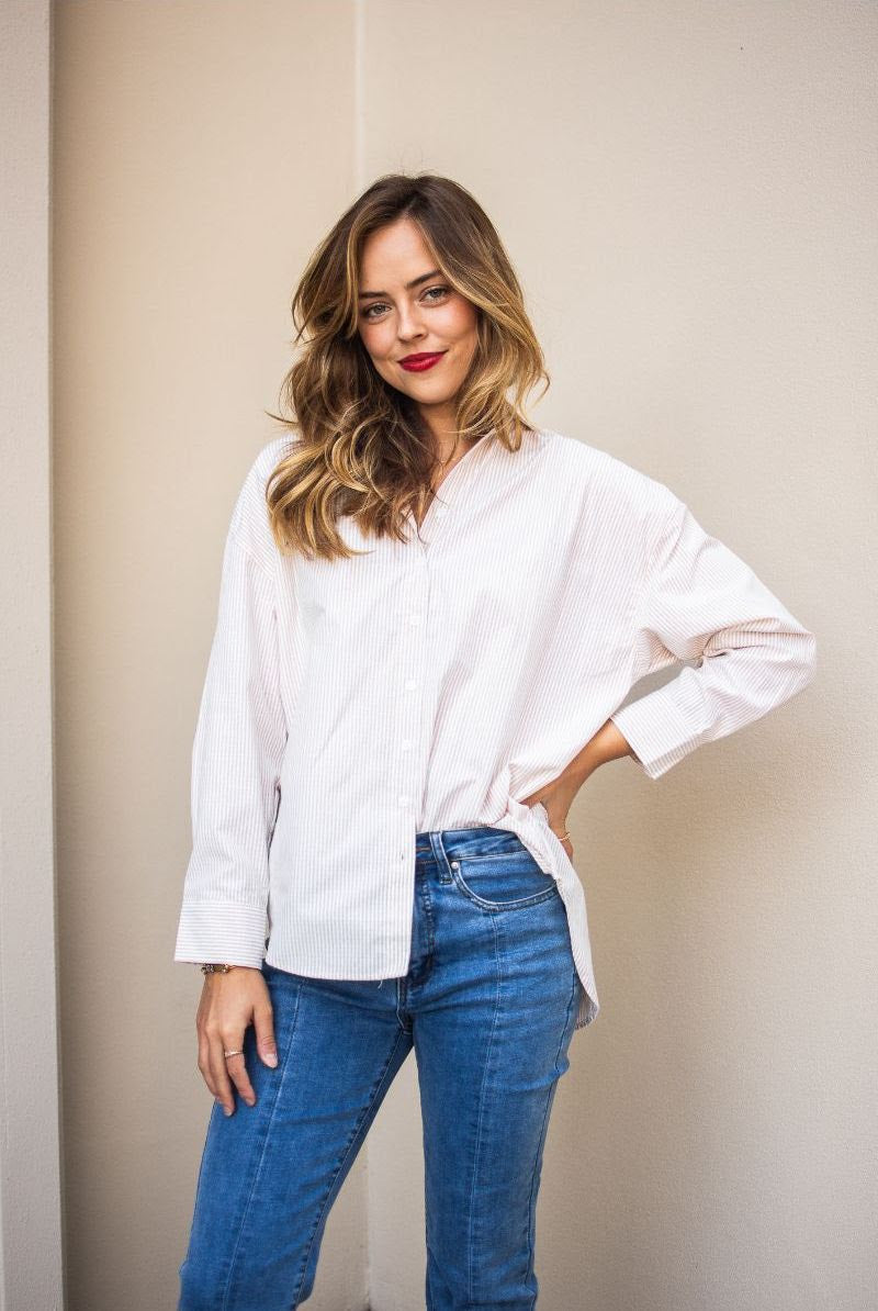 Tan pin stripe shirt