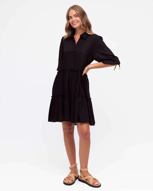 BUTTON FRONT TIERED MINI DRESS