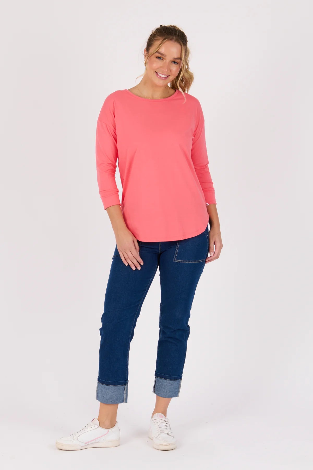 One ten Willow|3/4 Sleeve Scoop Hem Tee - Sunkist Coral