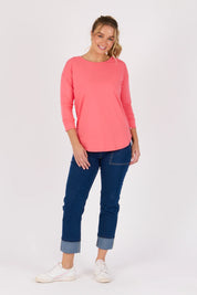 One ten Willow|3/4 Sleeve Scoop Hem Tee - Sunkist Coral