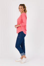 One ten Willow|3/4 Sleeve Scoop Hem Tee - Sunkist Coral