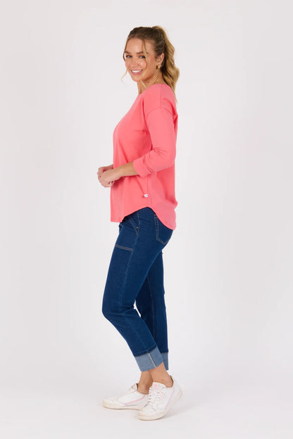One ten Willow|3/4 Sleeve Scoop Hem Tee - Sunkist Coral
