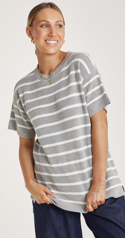 JASPER KNITTED TEE - GREY WHITE STRIPE