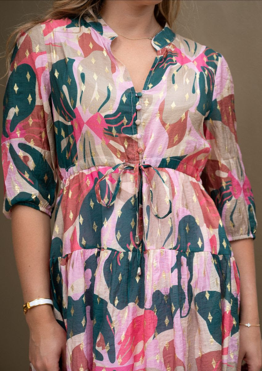 Cara gold print drawstring dress pink/blue