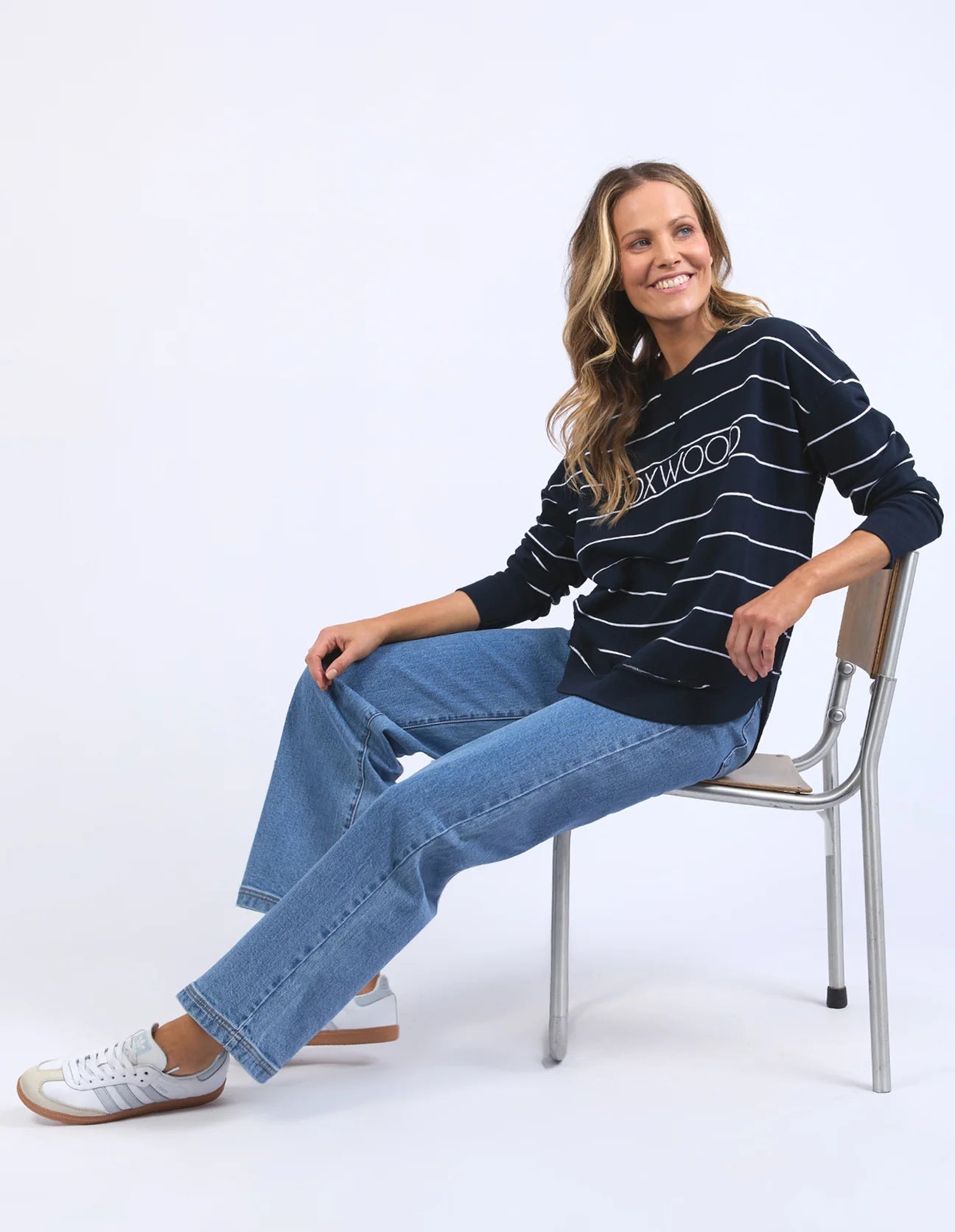 Foxwood simplified stripe crew- Navy