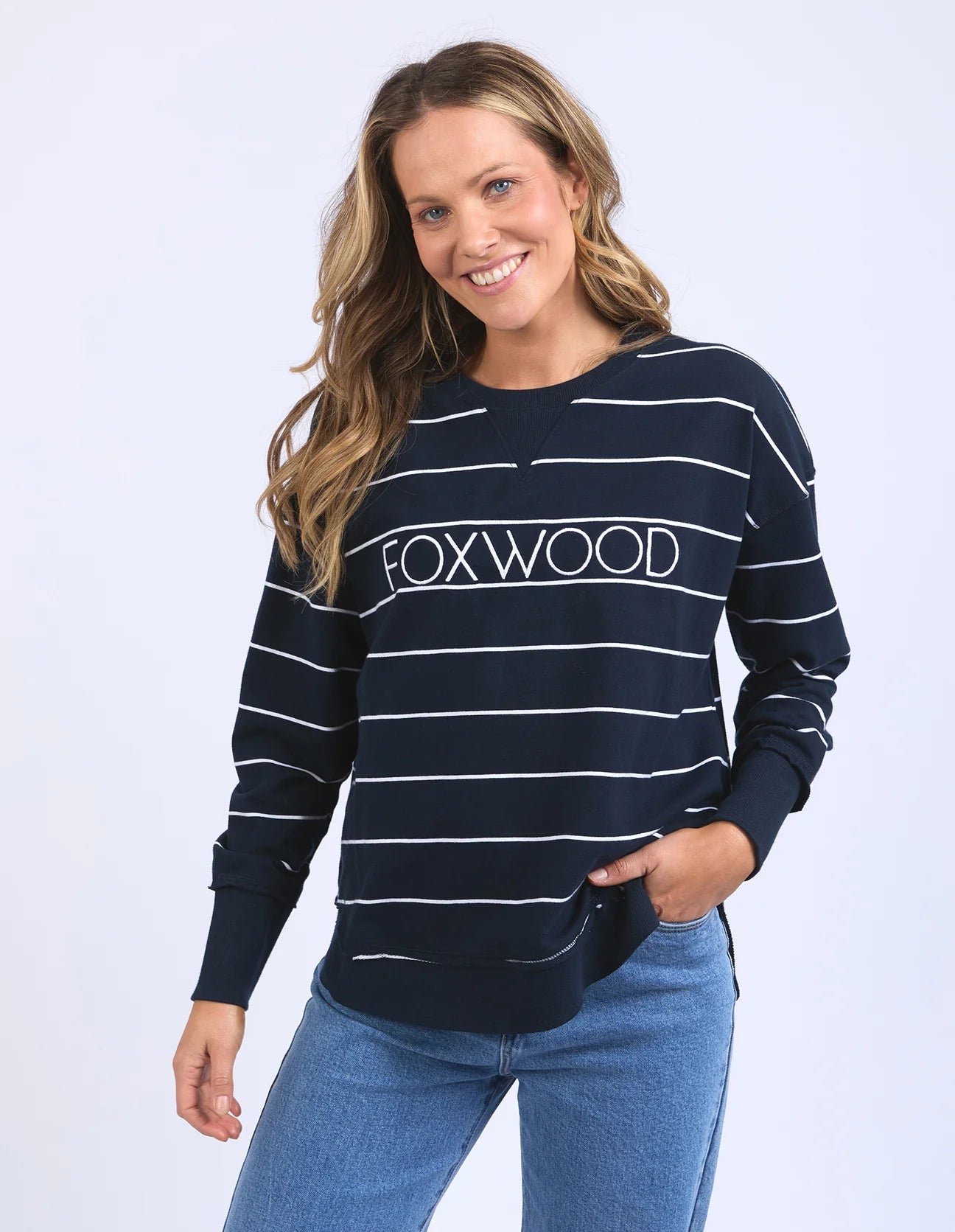 Foxwood simplified stripe crew- Navy