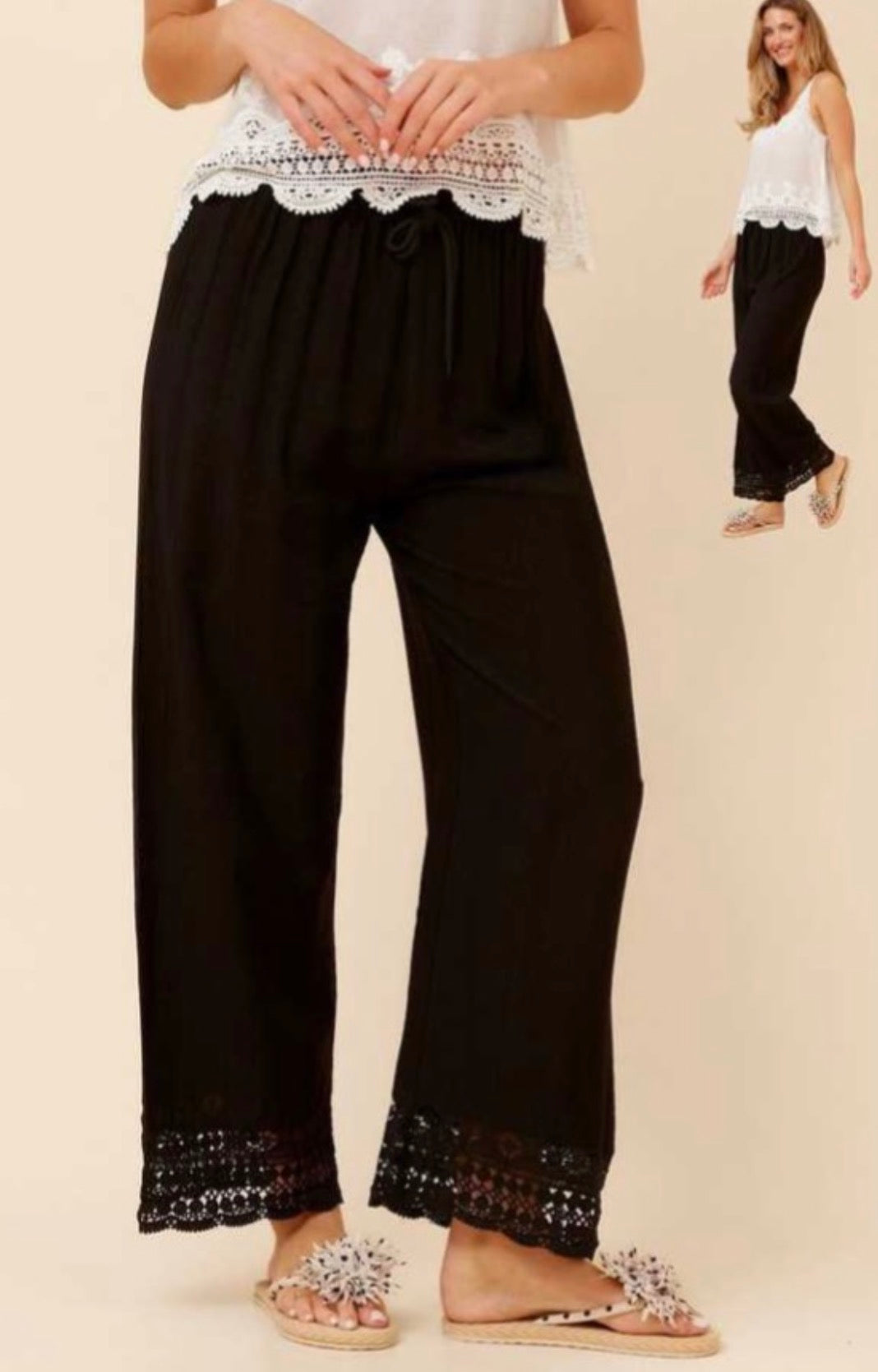 Long wide leg pant with lace trim - black