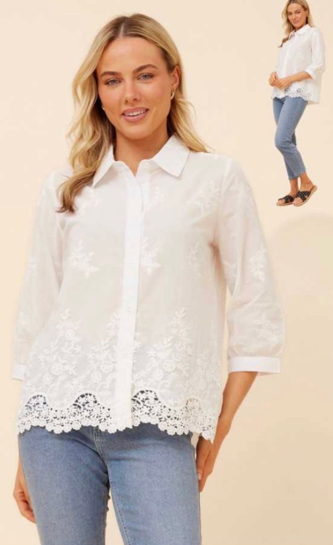 Embroided shirt with crochet lace trim - white